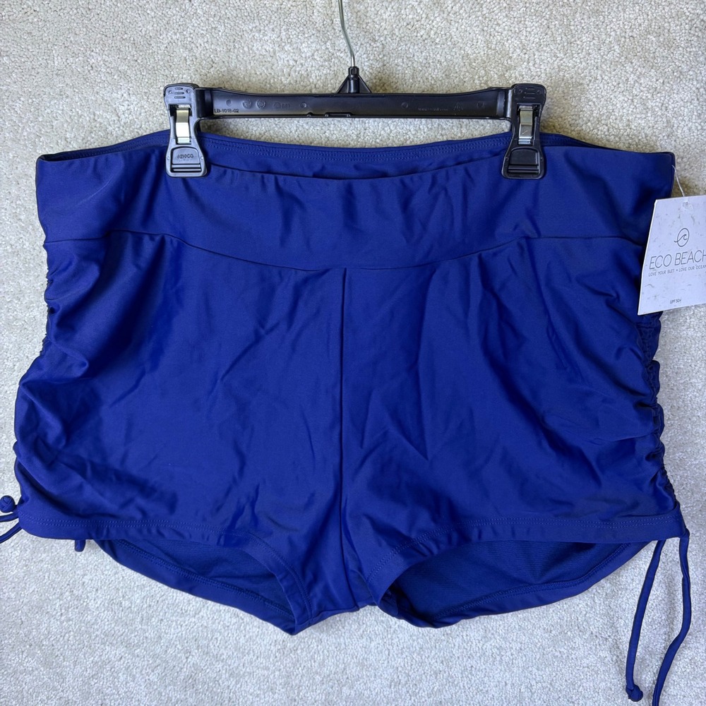 Eco Beach Swim Shorts Women XL Blue Recycled UPF 50+ Ruched Side Tie Bottoms NEW